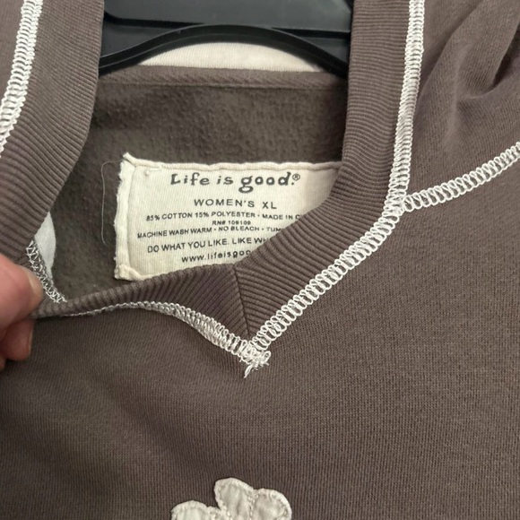 Y2K Brown and white Life is Good hoodie with white embroidered flower SIZE -XL - Picture 3 of 4